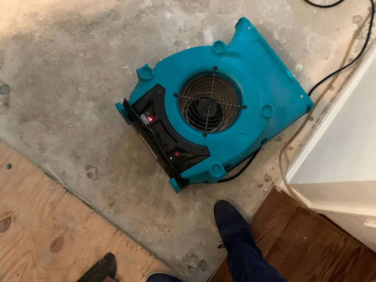 Air mover drying subfloor during Leak Detection & Repair in Vermilion